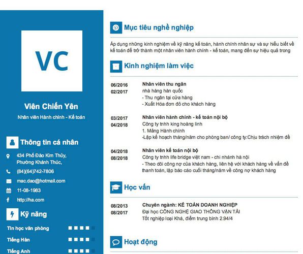Mẫu CV Nhân viên Hành chính - Kế toán