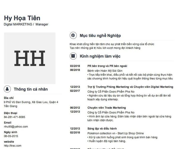Mẫu CV Digital MARKETING /  Manager