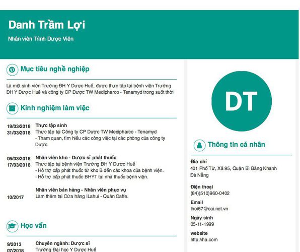Mẫu CV Nhân viên Trình Dược Viên