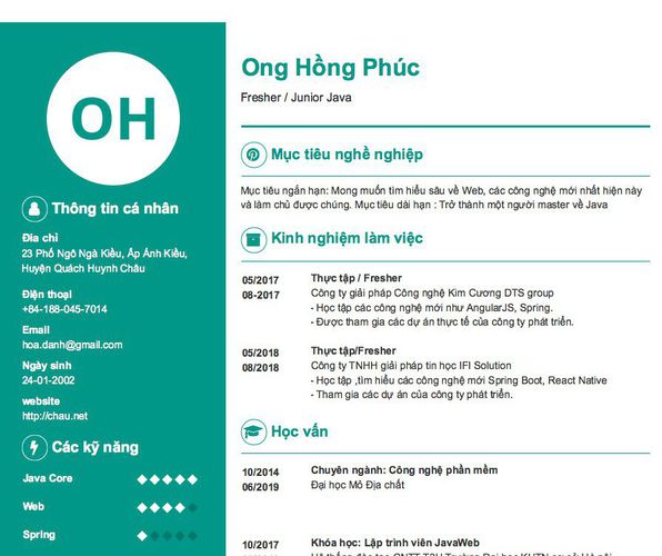 Mẫu CV Fresher / Junior Java