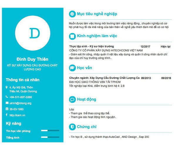 Mẫu CV KỸ SƯ XÂY DỰNG CẦU ĐƯỜNG CHẤT LƯỢNG CAO