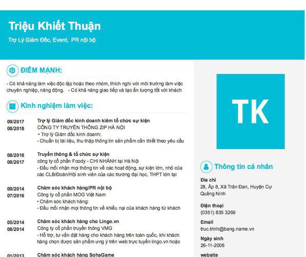 Mẫu CV Trợ Lý Giám Đốc, Event,  PR nội bộ