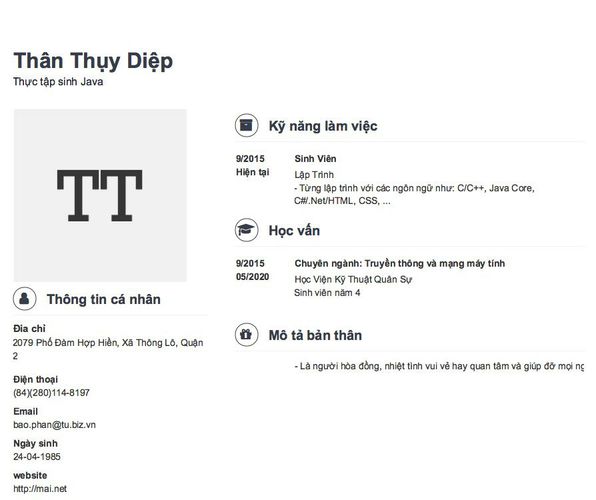 Mẫu CV Thực tập sinh Java