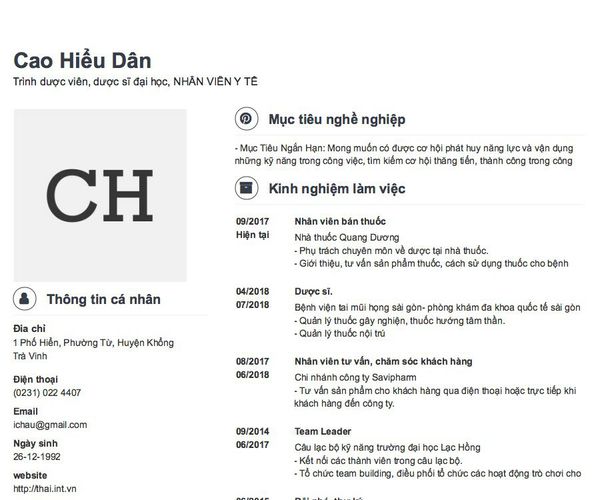 Gợi ý cách viết Mẫu CV tham khảo Trình dược viên, dược sĩ đại học, NHÂN VIÊN Y TẾ