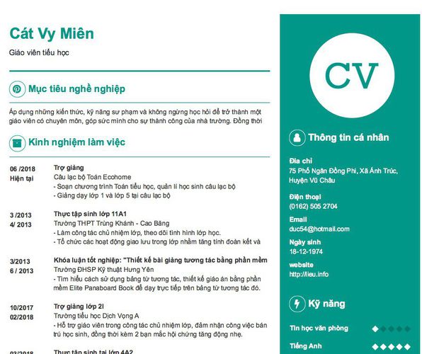 Mẫu CV Giáo viên tiểu học