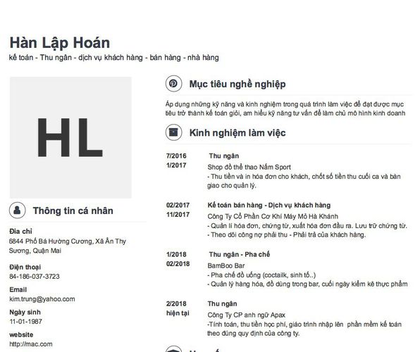 Gợi ý cách viết Mẫu CV tham khảo kế toán - Thu ngân - dịch vụ khách hàng - bán hàng - nhà hàng