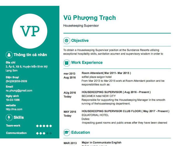 Mẫu CV Housekeeping Supervisor