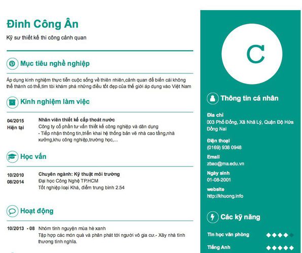 Mẫu CV Kỹ sư thiết kế thi công cảnh quan
