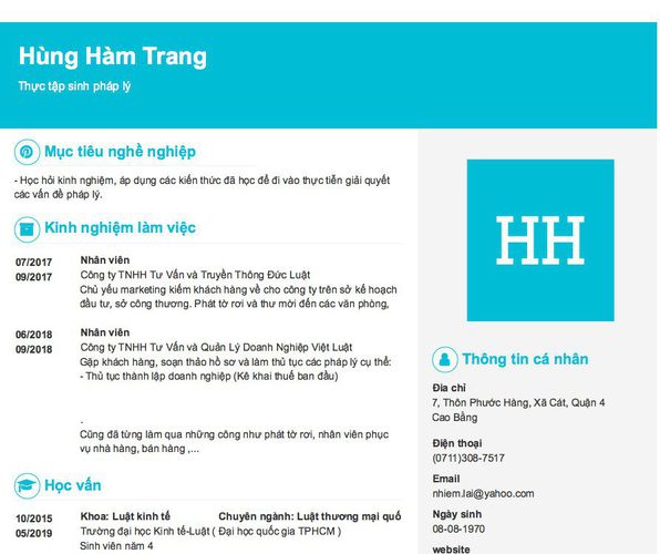 Mẫu CV Thực tập sinh pháp lý