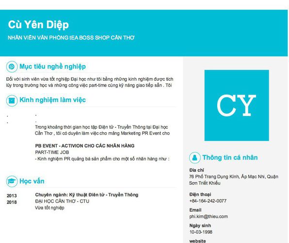 Mẫu CV NHÂN VIÊN VĂN PHÒNG tEA BOSS SHOP CẦN THƠ
