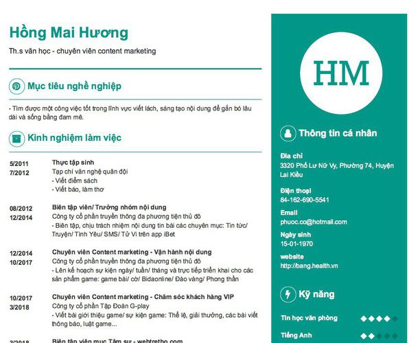 Mẫu CV Th.s văn học - chuyên viên content marketing