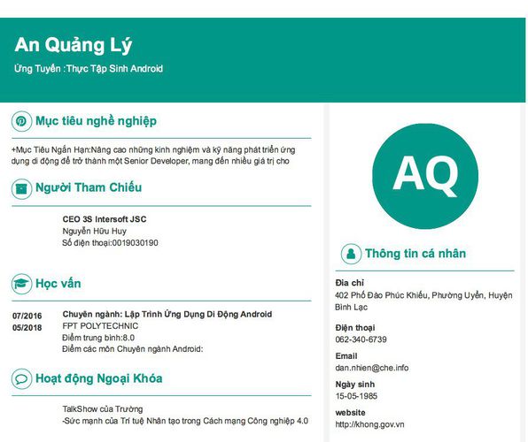 Mẫu CV Ứng Tuyển :Thực Tập Sinh Android