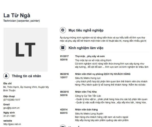 Mẫu CV Technician (carpenter, painter)
