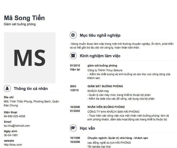 Mẫu CV Giám sát buồng phòng