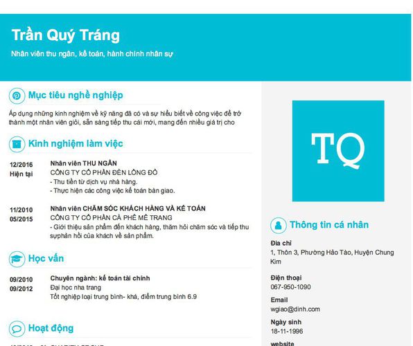 Mẫu CV Nhân viên thu ngân, kế toán, hành chính nhân sự