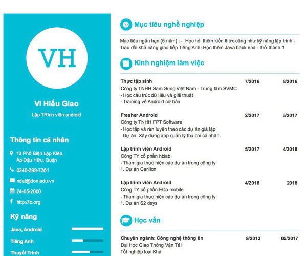 Mẫu CV Lập TRình viên android