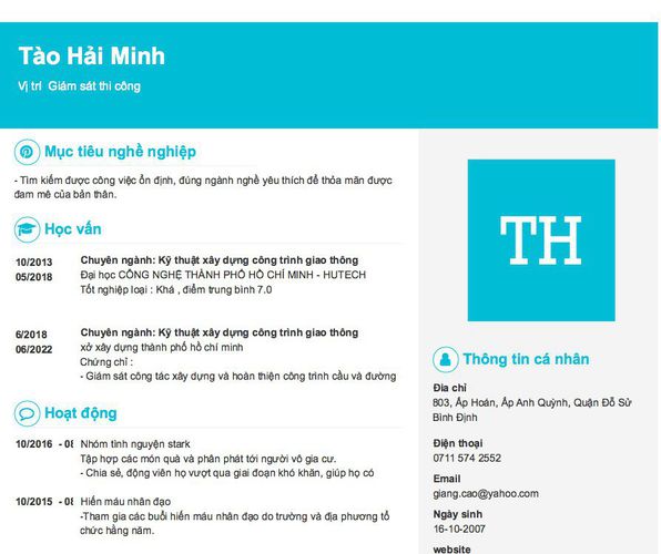 Mẫu CV Vị trí  Giám sát thi công