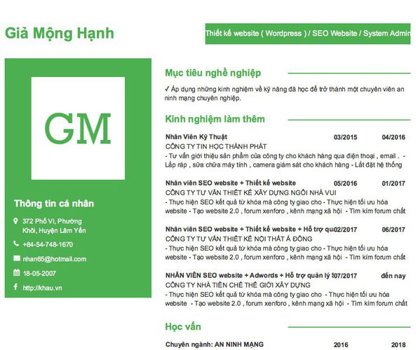 Mẫu CV Thiết kế website ( Wordpress ) / SEO Website / System Administrator