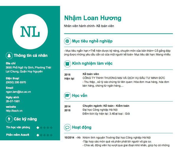 Mẫu CV Nhân viên hành chính- Kế toán viên