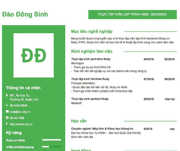 Mẫu CV THỰC TẬP VIÊN LẬP TRÌNH WEB - BACKEND