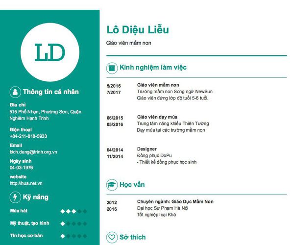 Mẫu CV Giáo viên mầm non