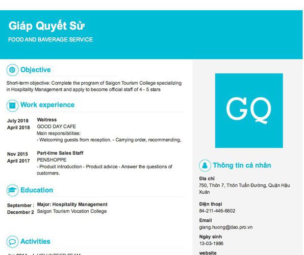 Mẫu CV FOOD AND BAVERAGE SERVICE