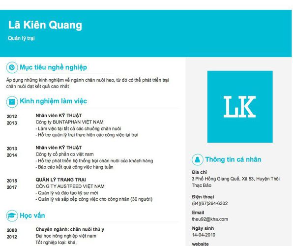 Mẫu CV Quản lý trại
