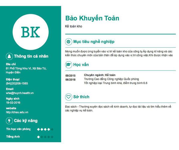 Mẫu CV Kế toán kho