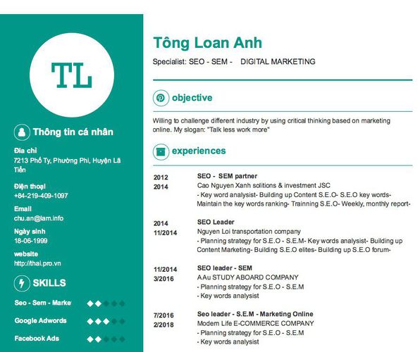Mẫu CV Specialist: SEO - SEM -    DIGITAL MARKETING