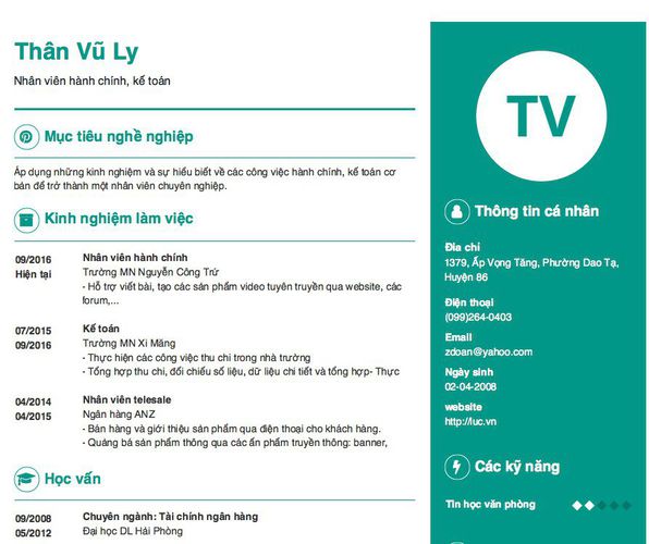 Mẫu CV Nhân viên hành chính, kế toán