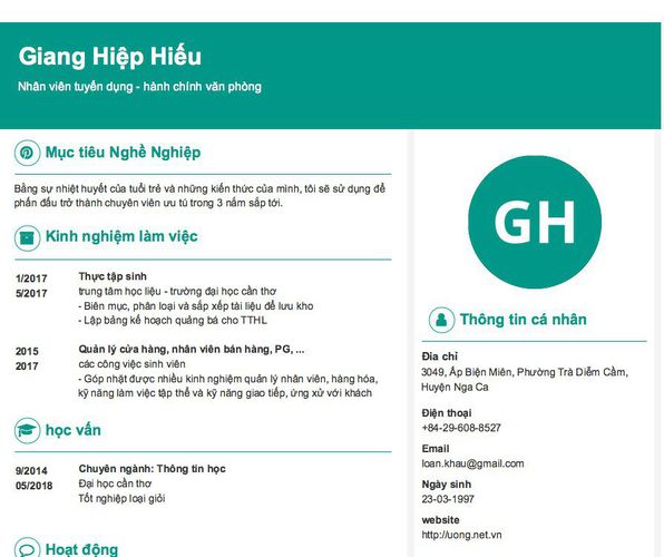 Mẫu CV Nhân viên tuyển dụng - hành chính văn phòng