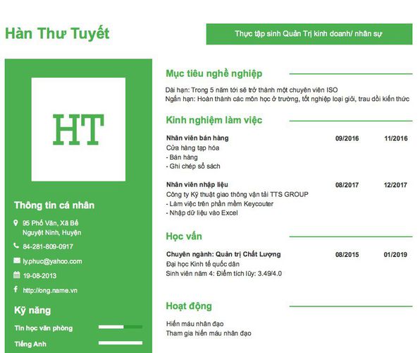 Gợi ý cách viết Mẫu CV tham khảo Thực tập sinh Quản Trị kinh doanh/ nhân sự