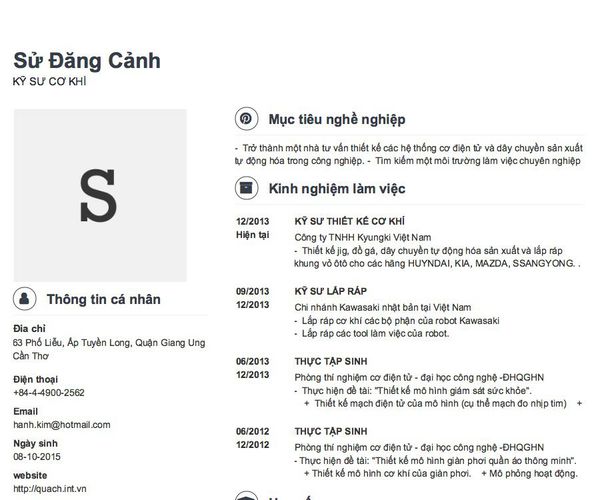 Mẫu CV KỸ SƯ CƠ KHÍ
