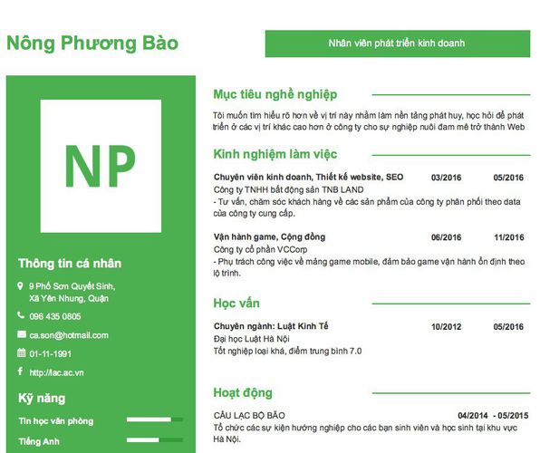 Mẫu CV Nhân viên phát triển kinh doanh