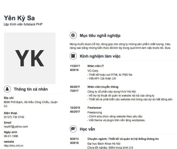 Mẫu CV Lập trình viên fullstack PHP