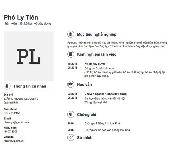 Mẫu CV nhân viên thiết kế bản vẽ xây dựng
