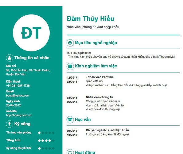 Mẫu CV nhân viên  chứng từ xuất nhập khẩu