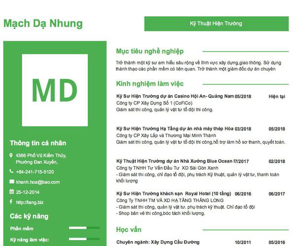 Mẫu CV Kỹ Thuật Hiện Trường