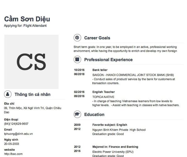 Mẫu CV Applying for: Flight Attendant