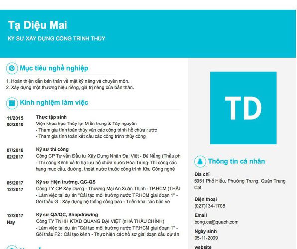 Mẫu CV KỸ SƯ XÂY DỰNG CÔNG TRÌNH THỦY