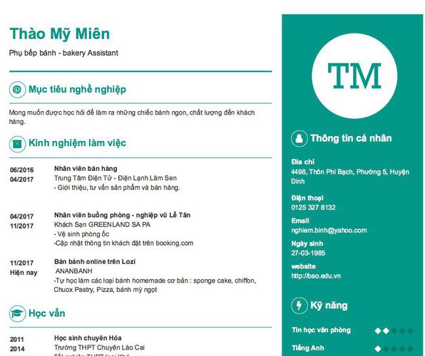 Mẫu CV Phụ bếp bánh - bakery Assistant