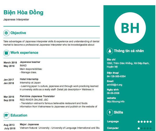 Mẫu CV Japanese Interpreter