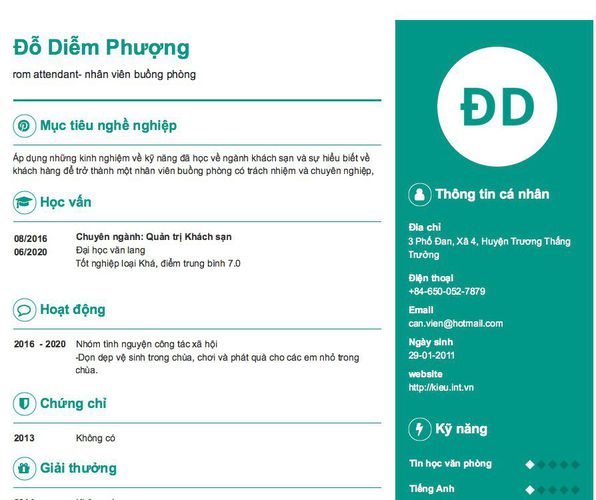Mẫu CV rom attendant- nhân viên buồng phòng