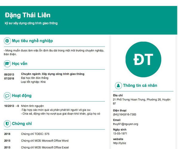 Mẫu CV kỹ sư xây dựng công trình giao thông