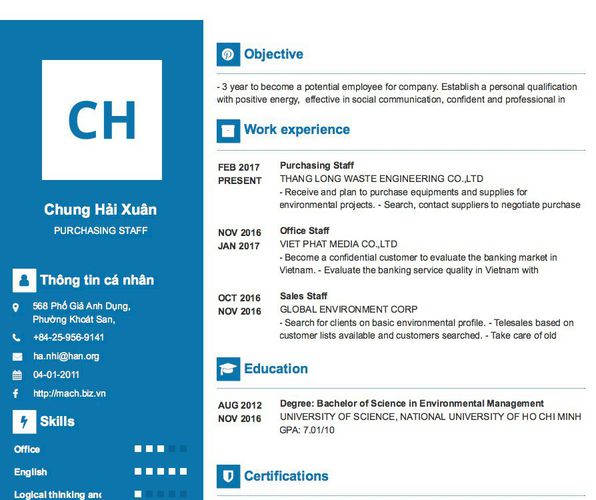 Mẫu CV PURCHASING STAFF