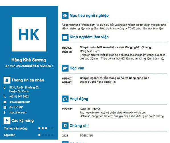 Mẫu CV Lập trình viên ANDROID/IOS developer :