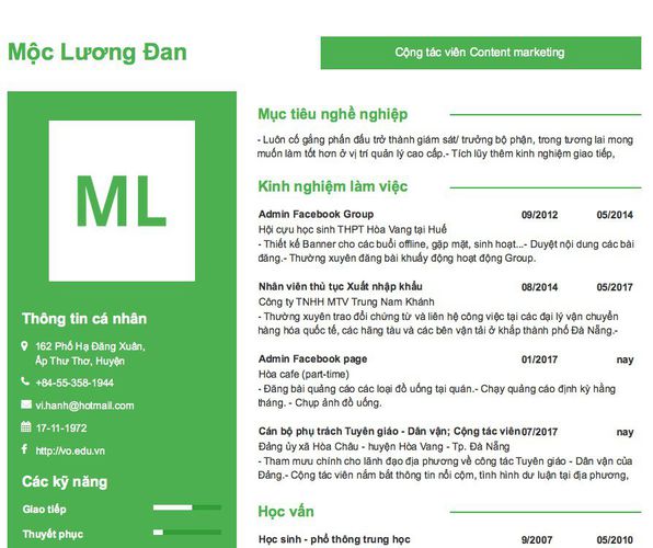 Mẫu CV Cộng tác viên Content marketing