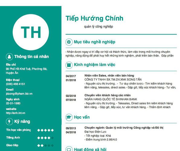 Mẫu CV                      quản lý công nghiệp