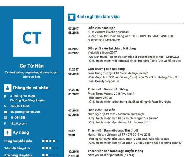Mẫu CV Content writer; copywriter; tổ chức truyền thông sự kiện