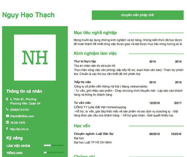 Mẫu CV chuyên viên pháp chế